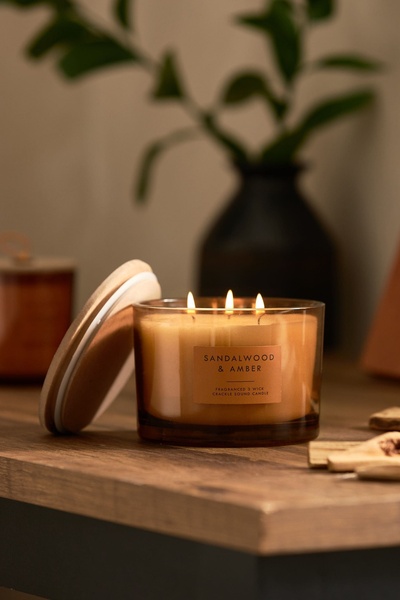 scented candle, three wick candle, jar candle, home fragrance, aromatherapy candle, brand awareness, lifestyle, minimalist, calm, warm, brown, neutral