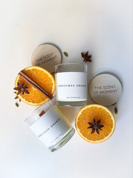 scented candle, container candle, wax candle, aromatic candle, glass jar candle, new arrival, flat lay, minimalist, fresh, calm, neutral, orange, christmas