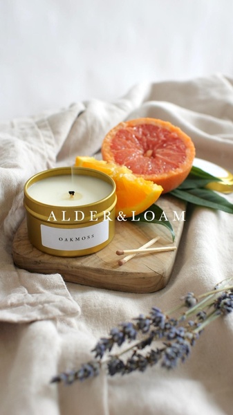 scented candle, tin candle, aromatic candle, home fragrance, poured candle, brand awareness, minimalist, lifestyle, calm, fresh, neutral, gold, orange