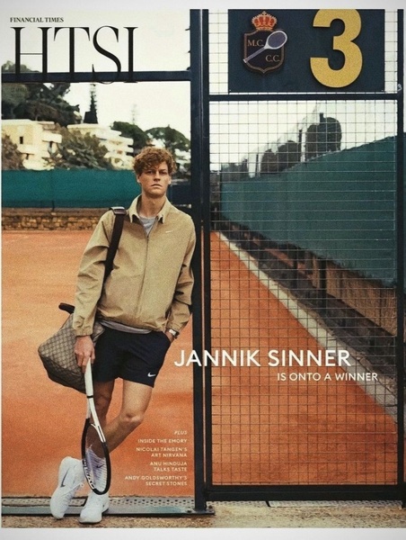 A high-end editorial style ad featuring a tennis player with a jacket, utilizing a clean layout and muted color palette.