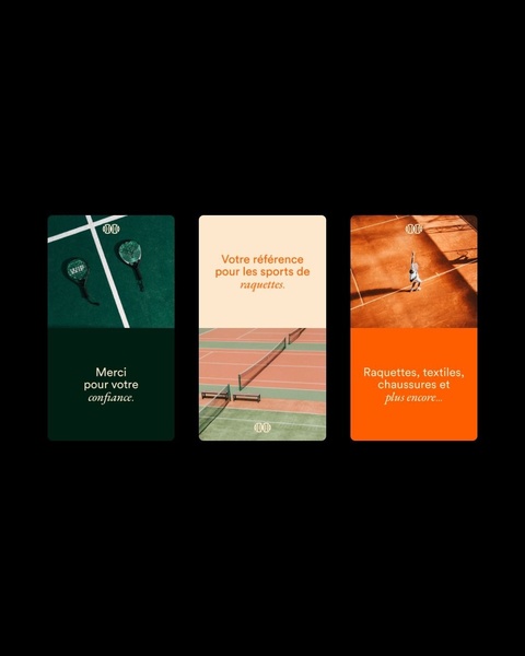 A clean three-slide carousel advertisement showcasing racket sports equipment with a professional and minimalist aesthetic.