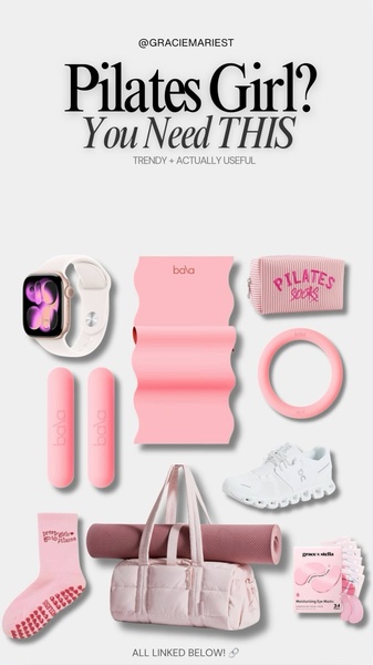 A flat-lay style ad creative showcasing a curated collection of Pilates equipment and fitness accessories on a neutral background.
