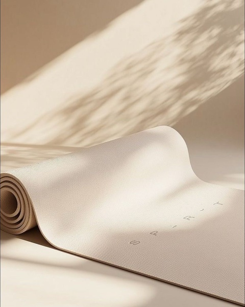 A high-quality 4:5 static image of a light beige yoga mat rolled in soft, natural sunlight with delicate shadows.