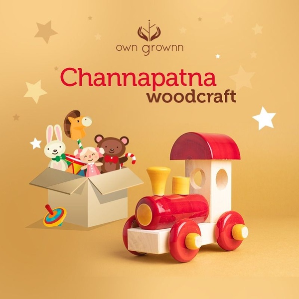 A high-quality 1:1 square graphic featuring traditional wooden toys arranged with a playful, minimalist aesthetic on a soft gold background.