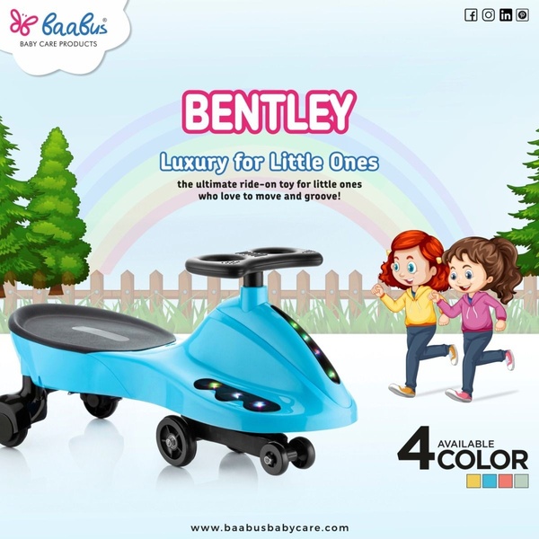 This ad features a bright blue ride-on car positioned next to happy, active children, using a playful rainbow background to highlight the toy's appeal.